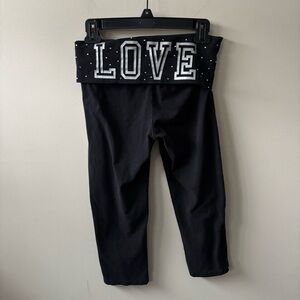 PINK Black Rhinestone Foldover Capri Leggings